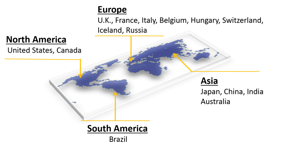 World map with country names where UXPRESS has project experience; USA, Canada, U.K., France, Italy, Belgium, Hungary, Switzerland, Iceland, Russia, Brazil, Japan, China, India, Australia